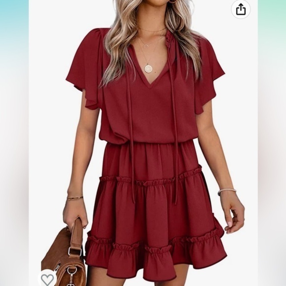 NWOT - Dokotoo Wine Short Sleeve V-Neck Ruffle Mini Dress